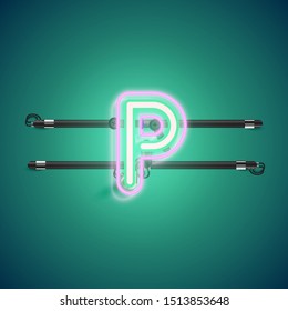 Realistic glowing double neon charcter on and off from a fontset, vector illustration