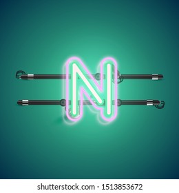 Realistic glowing double neon charcter on and off from a fontset, vector illustration