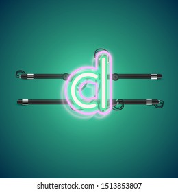 Realistic glowing double neon 'd' charcter from a fontset, vector illustration