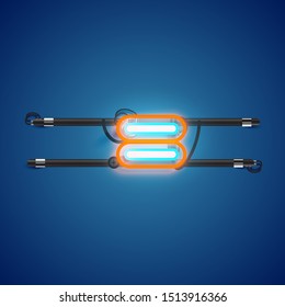 Realistic glowing double neon equals charcter from a fontset, vector illustration