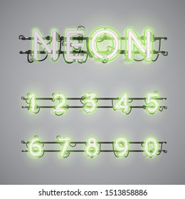 Realistic glowing double neon green charcter set, vector illustration