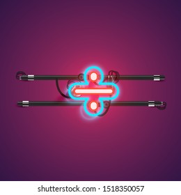 Realistic glowing double neon 'obelus' charcter from a fontset with console, vector illustration