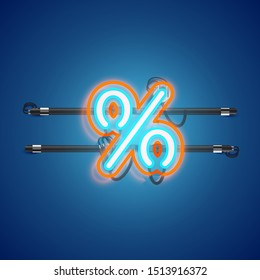 Realistic glowing double neon percent charcter from a fontset, vector illustration