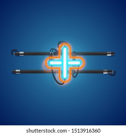 Realistic glowing double neon plus charcter from a fontset, vector illustration
