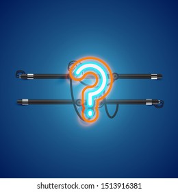 Realistic glowing double neon question mark charcter from a fontset, vector illustration