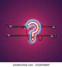 Realistic glowing double neon 'question mark' charcter from a fontset with console, vector illustration