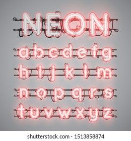 Realistic glowing double neon red charcter set, vector illustration