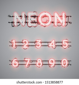 Realistic glowing double neon red charcter set, vector illustration
