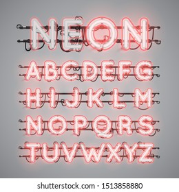 Realistic glowing double neon red charcter set, vector illustration