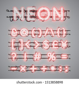 Realistic glowing double neon red charcter set, vector illustration