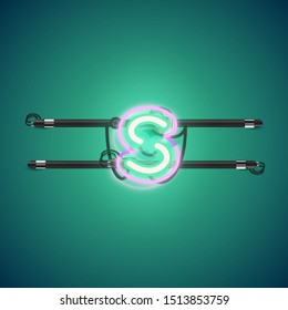 Realistic glowing double neon 's' charcter from a fontset, vector illustration