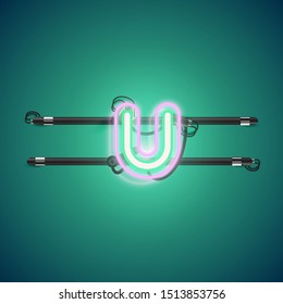 Realistic glowing double neon 'u' charcter from a fontset, vector illustration