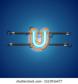 Realistic glowing double neon 'u' charcter from a fontset, vector illustration