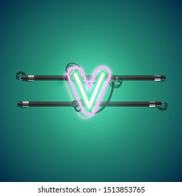 Realistic glowing double neon 'v' charcter from a fontset, vector illustration