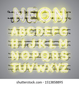 Realistic glowing double neon yellow charcter set, vector illustration