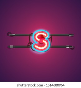 Realistic glowing double 's' neon charcter from a fontset, vector illustration
