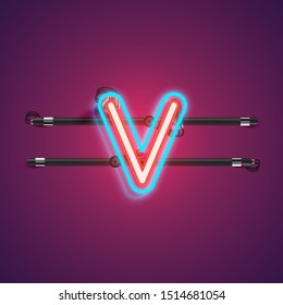 Realistic glowing double 'V' neon charcter from a fontset, vector illustration