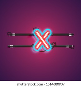 Realistic glowing double 'x' neon charcter from a fontset, vector illustration