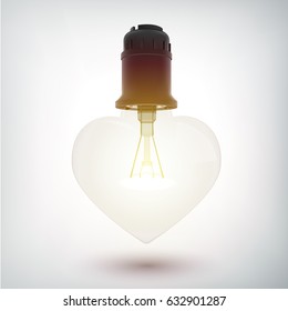 Realistic glowing electric bulb romantic concept in heart shape on gray background isolated vector illustration