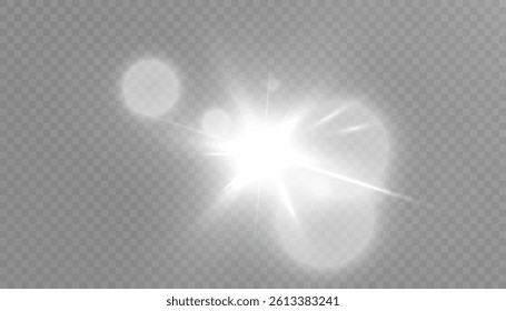 Realistic glowing explosion of bright shimmer on transparent background and soft white rays. Perfect for highlights, overlays and illustrations.