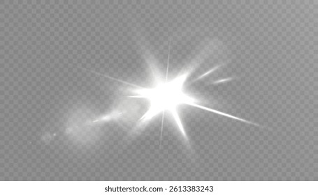 Realistic glowing explosion of bright shimmer on transparent background and soft white rays. Perfect for highlights, overlays and illustrations.