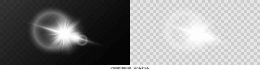 Realistic Glowing Flash with Rays and Circular Optical Halo on Dark and Transparent Background.
