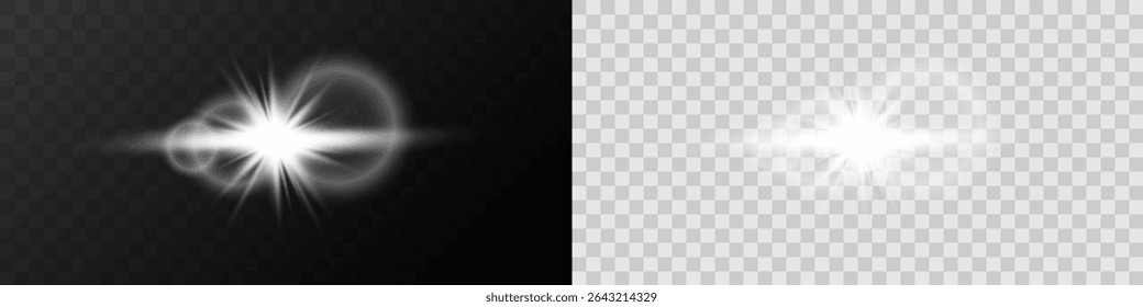 Realistic Glowing Flash with Rays and Circular Optical Halo on Dark and Transparent Background.