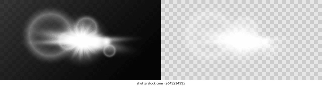 Realistic Glowing Flash with Rays and Circular Optical Halo on Dark and Transparent Background.