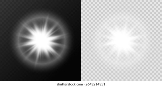 Realistic Glowing Flash with Rays and Circular Optical Halo on Dark and Transparent Background.
