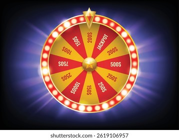 Realistic glowing fortune wheel. Spin gambling game wheel on dark background vector illustration