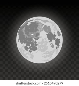 Realistic glowing full moon with detailed texture on surface, isolated background
