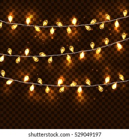Realistic glowing garland on a transparent background. Vector illustration. Decoration New Year holiday and Christmas