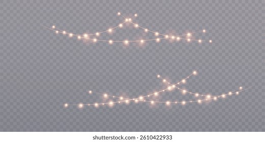 Realistic glowing garlands on transparent background. Light effect for party banners, wedding decorations, New Year design, invitations or holiday digital overlays.