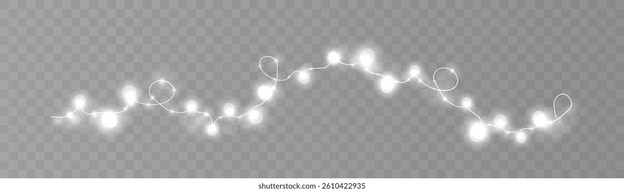 Realistic glowing garlands on transparent background. Light effect for party banners, wedding decorations, New Year design, invitations or holiday digital overlays.