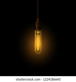 Realistic glowing lamp hanging on the wire. Incandescent lamp. Vector.