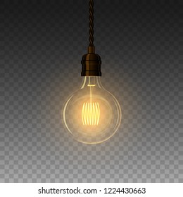 Realistic glowing lamp hanging on the wire. Incandescent lamp. Vector