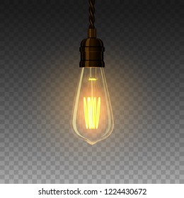 Realistic glowing lamp hanging on the wire. Incandescent lamp. Vector