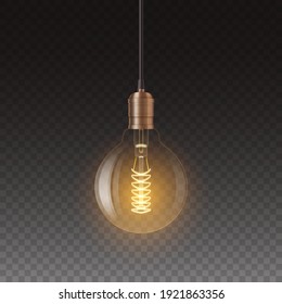 Realistic glowing lamp hanging on the wire. Incandescent retro edison light bulb isolated on transparent background. 3d vector illustration