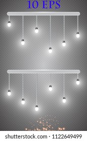 Realistic glowing light bulb icon set with a pendant down from the ceiling vector illustration. Lamps hanging from the ceiling on a transparent background.