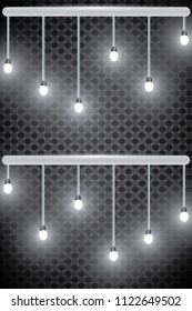 Realistic glowing light bulb icon set with a pendant down from the ceiling vector illustration. Lamps hanging from the ceiling on a transparent background.