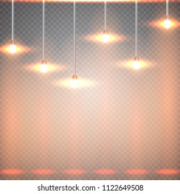 Realistic glowing light bulb icon set with a pendant down from the ceiling vector illustration. Lamps hanging from the ceiling on a transparent background.