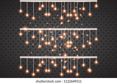 Realistic glowing light bulb icon set with a pendant down from the ceiling vector illustration. Lamps hanging from the ceiling on a transparent background.