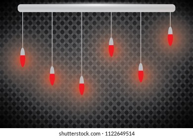 Realistic glowing light bulb icon set with a pendant down from the ceiling vector illustration. Lamps hanging from the ceiling on a transparent background.