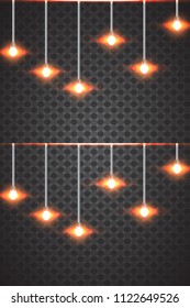 Realistic glowing light bulb icon set with a pendant down from the ceiling vector illustration. Lamps hanging from the ceiling on a transparent background.