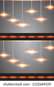 Realistic glowing light bulb icon set with a pendant down from the ceiling vector illustration. Lamps hanging from the ceiling on a transparent background.