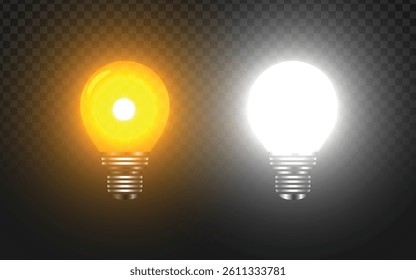 Realistic glowing light bulbs vector in warm yellow and bright white on dark checkered background. Perfect for energy concepts, idea illustrations, and lighting designs. Vibrant 3D electric lamp