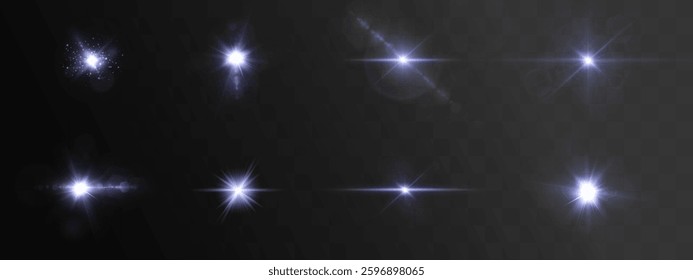 realistic glowing light effect with bright flares, sparkling glares, and shimmering beams. Perfect for sunlight, starlight, fireworks, magic energy, and festive vector designs. Isolated set.	
