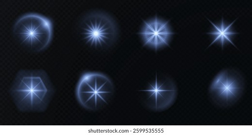 realistic glowing light effect with bright flares, sparkling glares, and shimmering beams. Perfect for sunlight, starlight, fireworks, magic energy, and festive vector designs. Isolated set.	