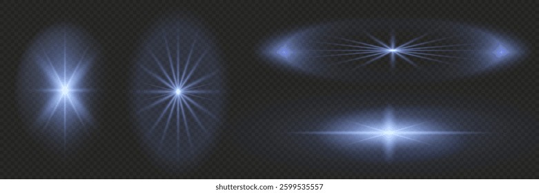 realistic glowing light effect with bright flares, sparkling glares, and shimmering beams. Perfect for sunlight, starlight, fireworks, magic energy, and festive vector designs. Isolated set.	