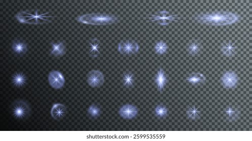 realistic glowing light effect with bright flares, sparkling glares, and shimmering beams. Perfect for sunlight, starlight, fireworks, magic energy, and festive vector designs. Isolated set.	